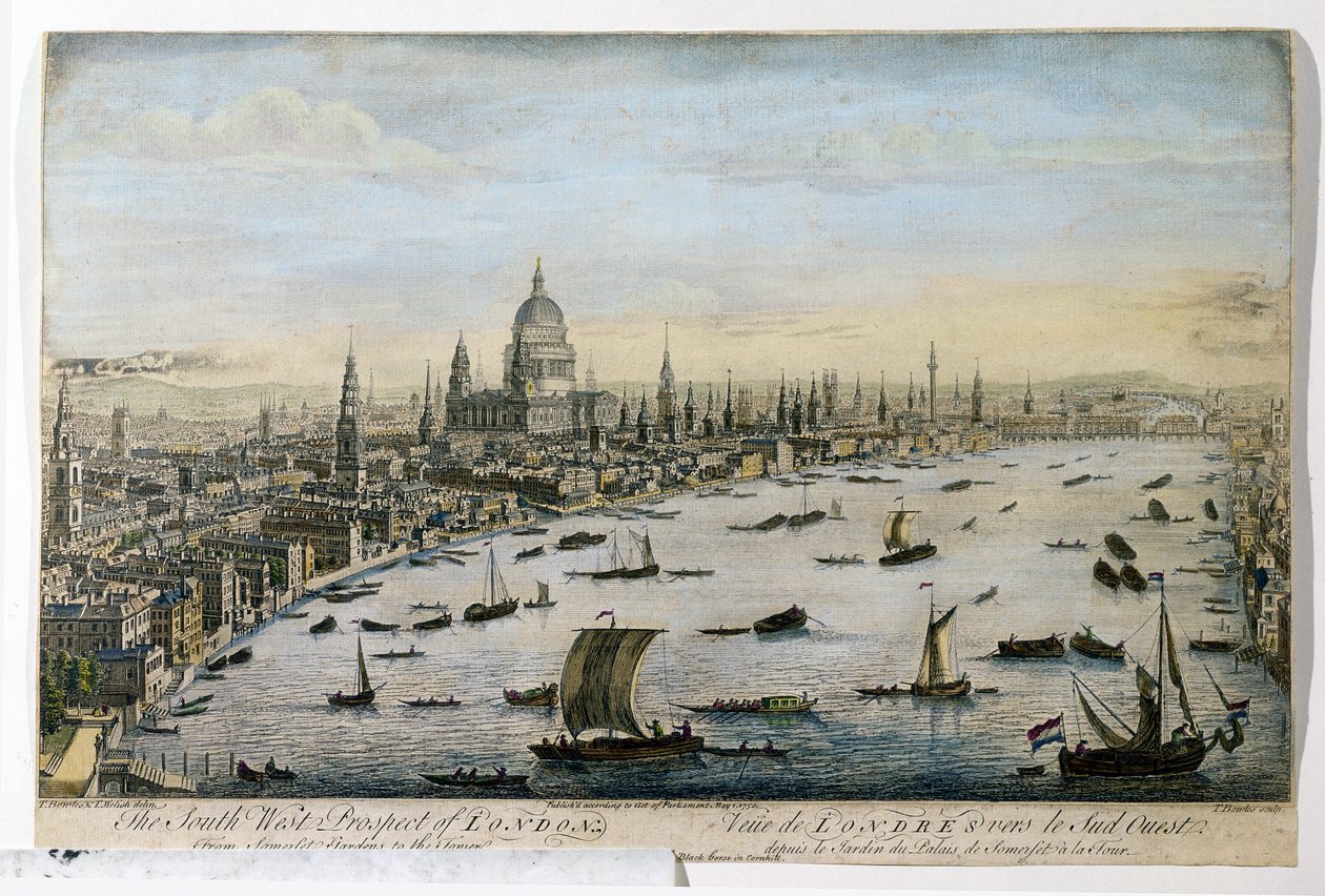 Het zuidwestelijke uitzicht op Londen vanuit Somerset Gardens, gegraveerd door Thomas Bowles, gepubliceerd 1 mei 1750 door Thomas Bowles
