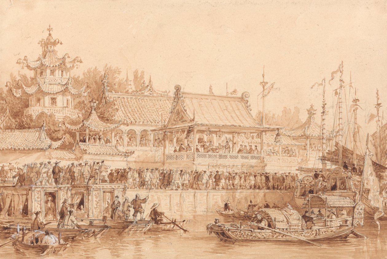 Het theater in Tien-Sin door Thomas Allom