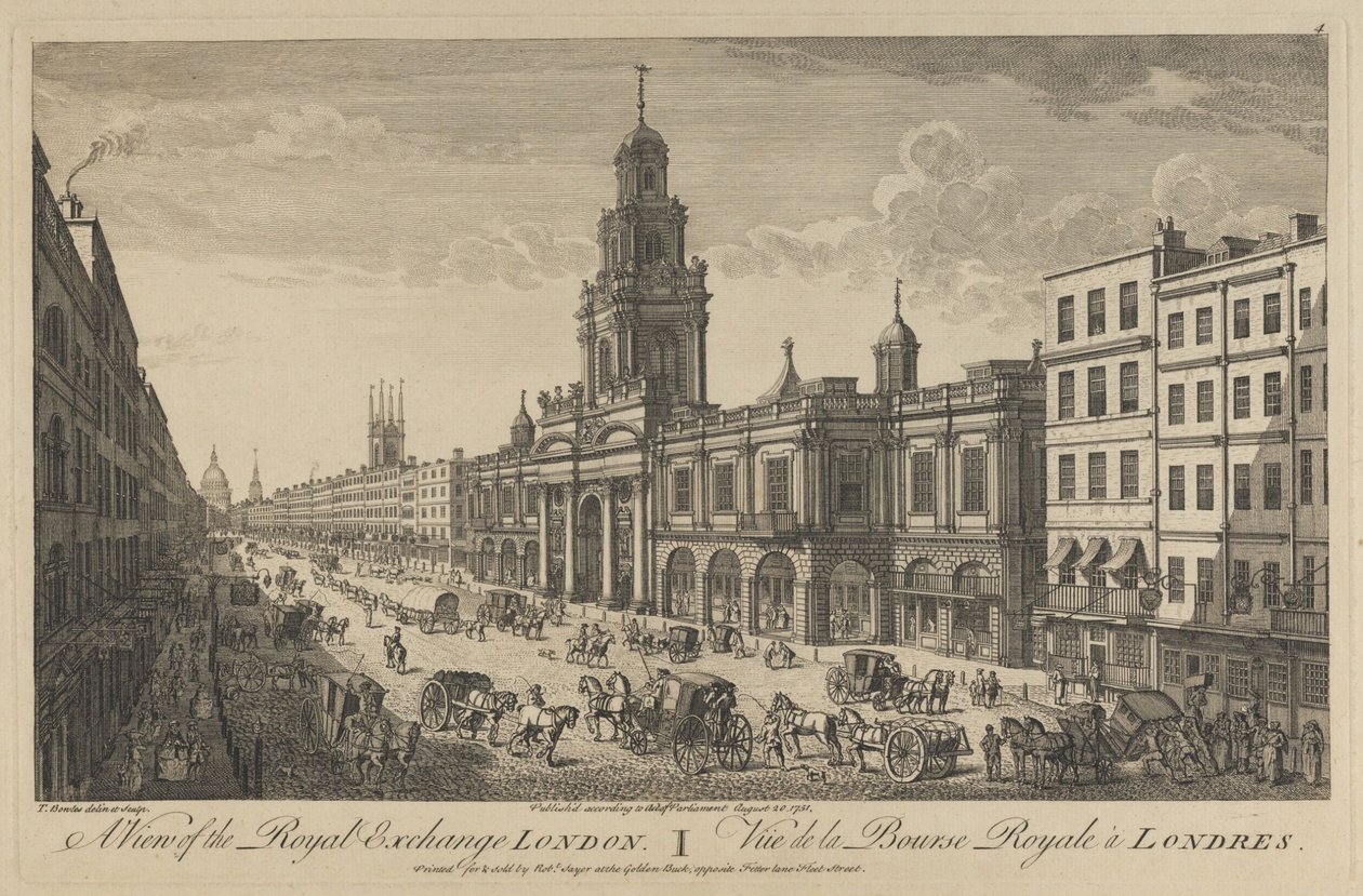 Uitzicht op de Royal Exchange Londen, 1751 door Thomas Bowles