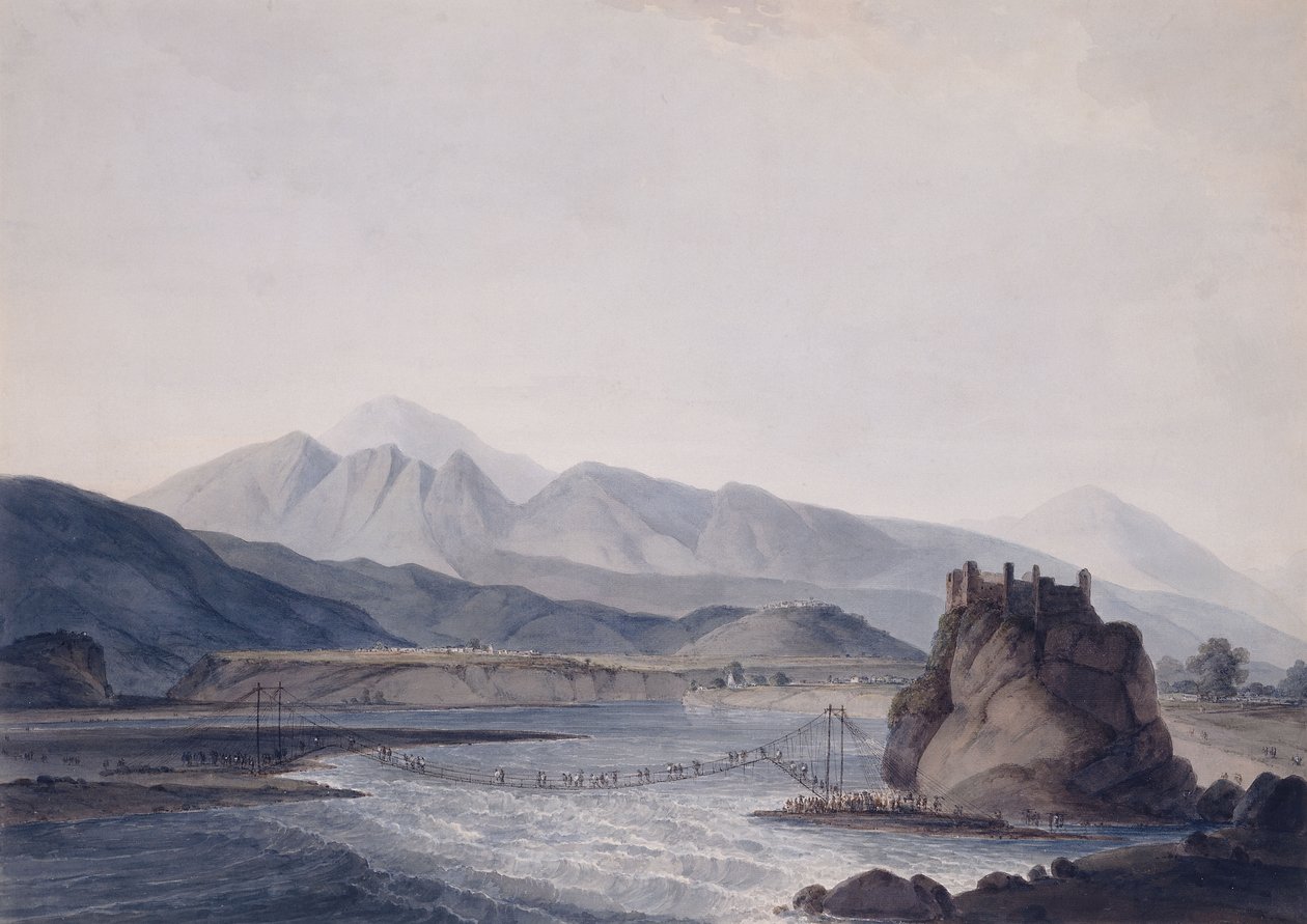 De touwbrug, Srinagar, Garhwal, Uttar Pradesh door Thomas Daniell