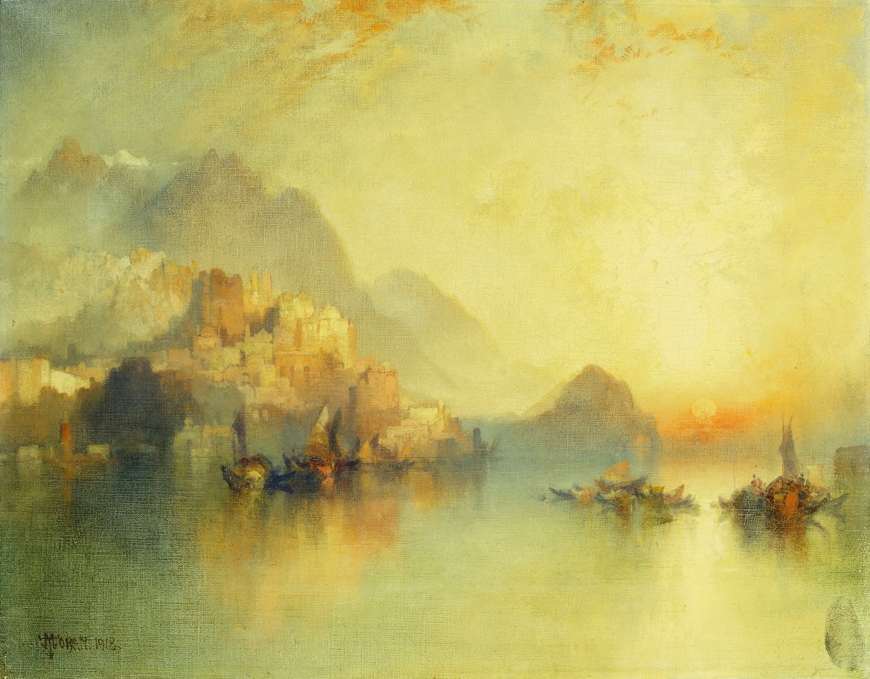 Een dorp op een heuvel bij zonsondergang, 1918 door Thomas Moran