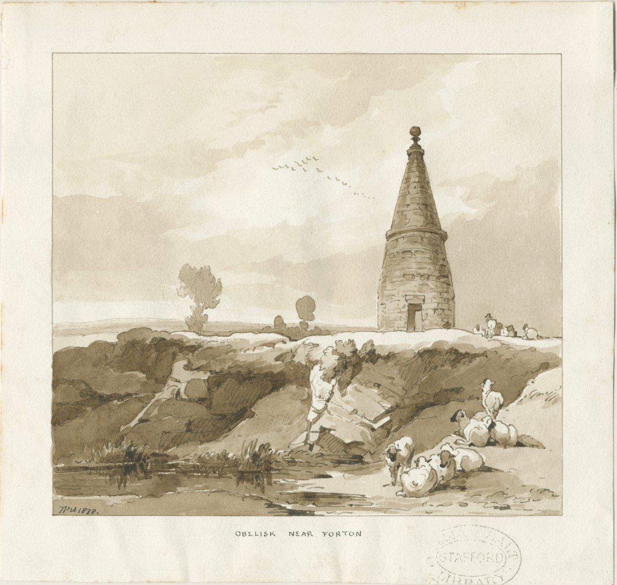 Forton - Obelisk: wassing tekening door Thomas Peploe Wood