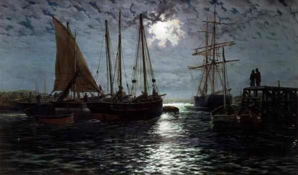 Een haven bij maanlicht door Thomas Rose Miles
