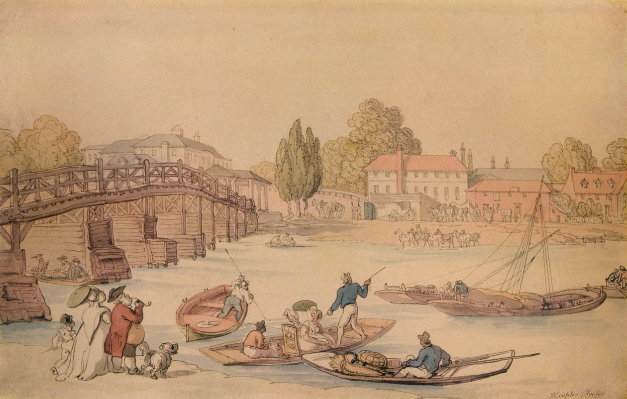 Hampton Bridge, 1800 door Thomas Rowlandson