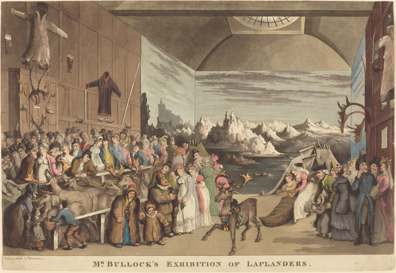 De tentoonstelling van Laplanders door Mr. Bullock door Thomas Rowlandson