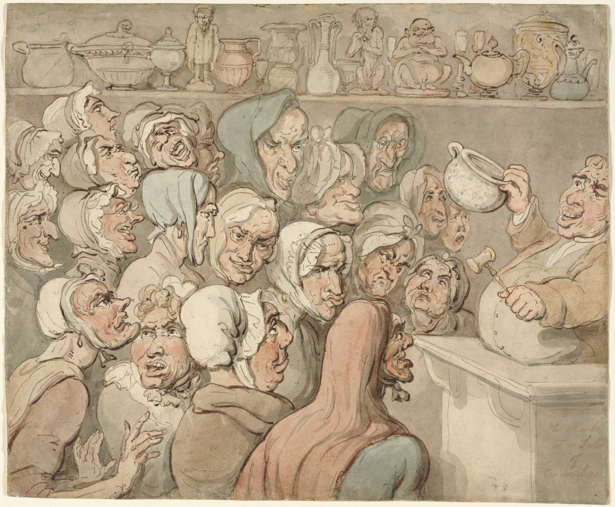 Oude Vrijsters bij een Verkoop van Curiosa door Thomas Rowlandson