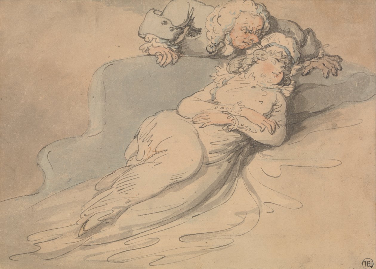 Slapende vrouw bekeken door een man door Thomas Rowlandson