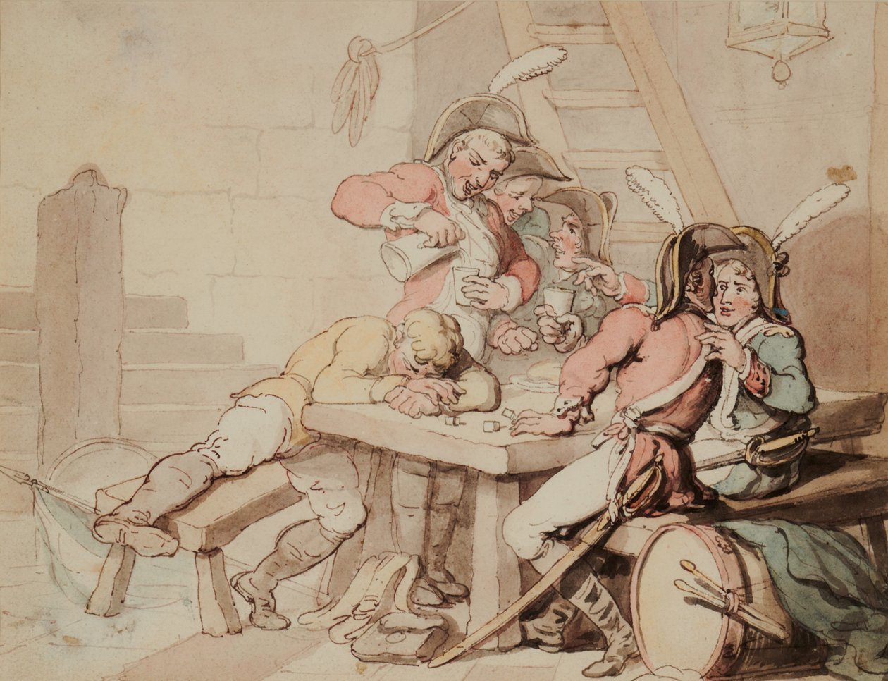 Soldaten die feestvieren in een kelder door Thomas Rowlandson