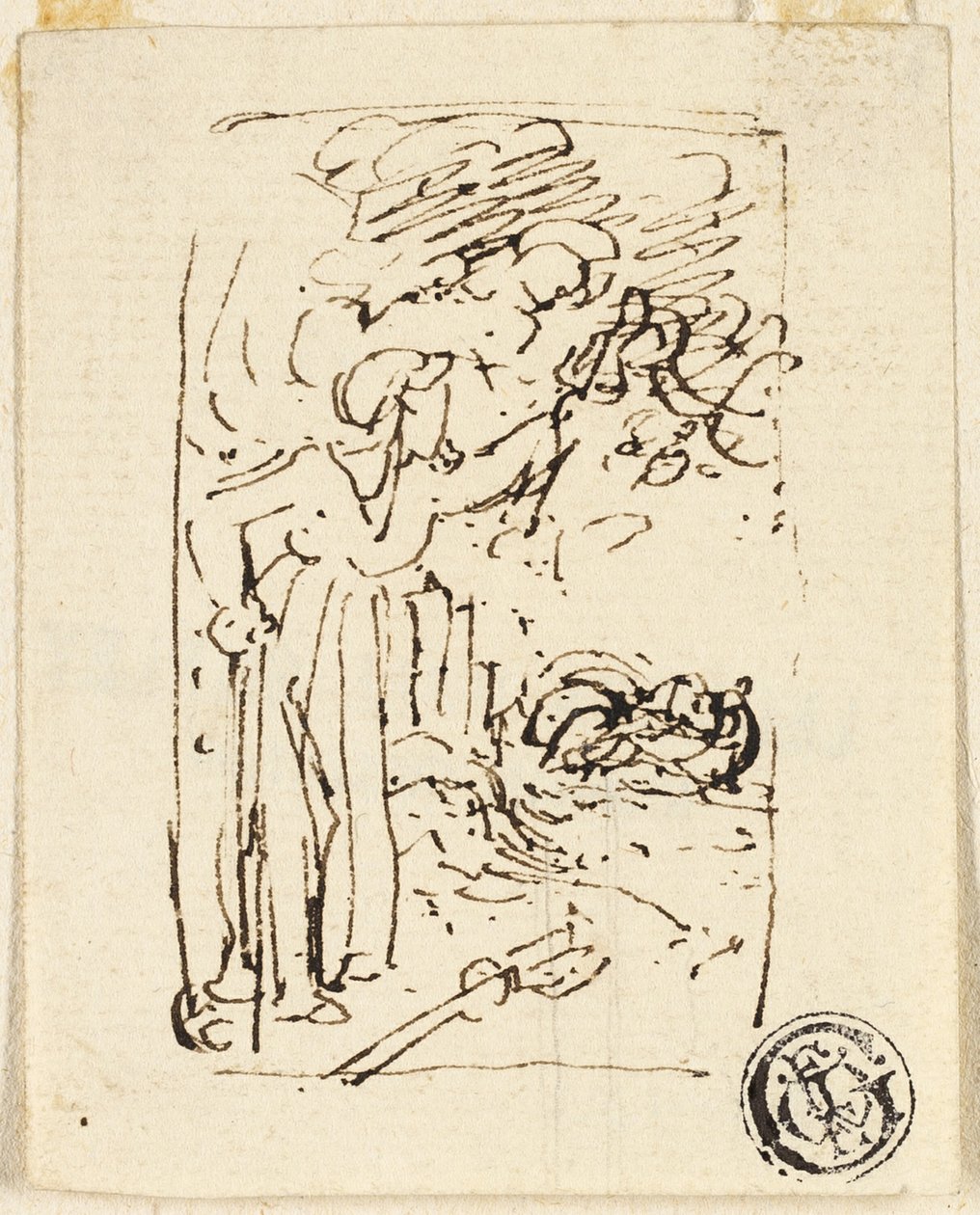 Schets van figuur leunend op stok door Thomas Stothard