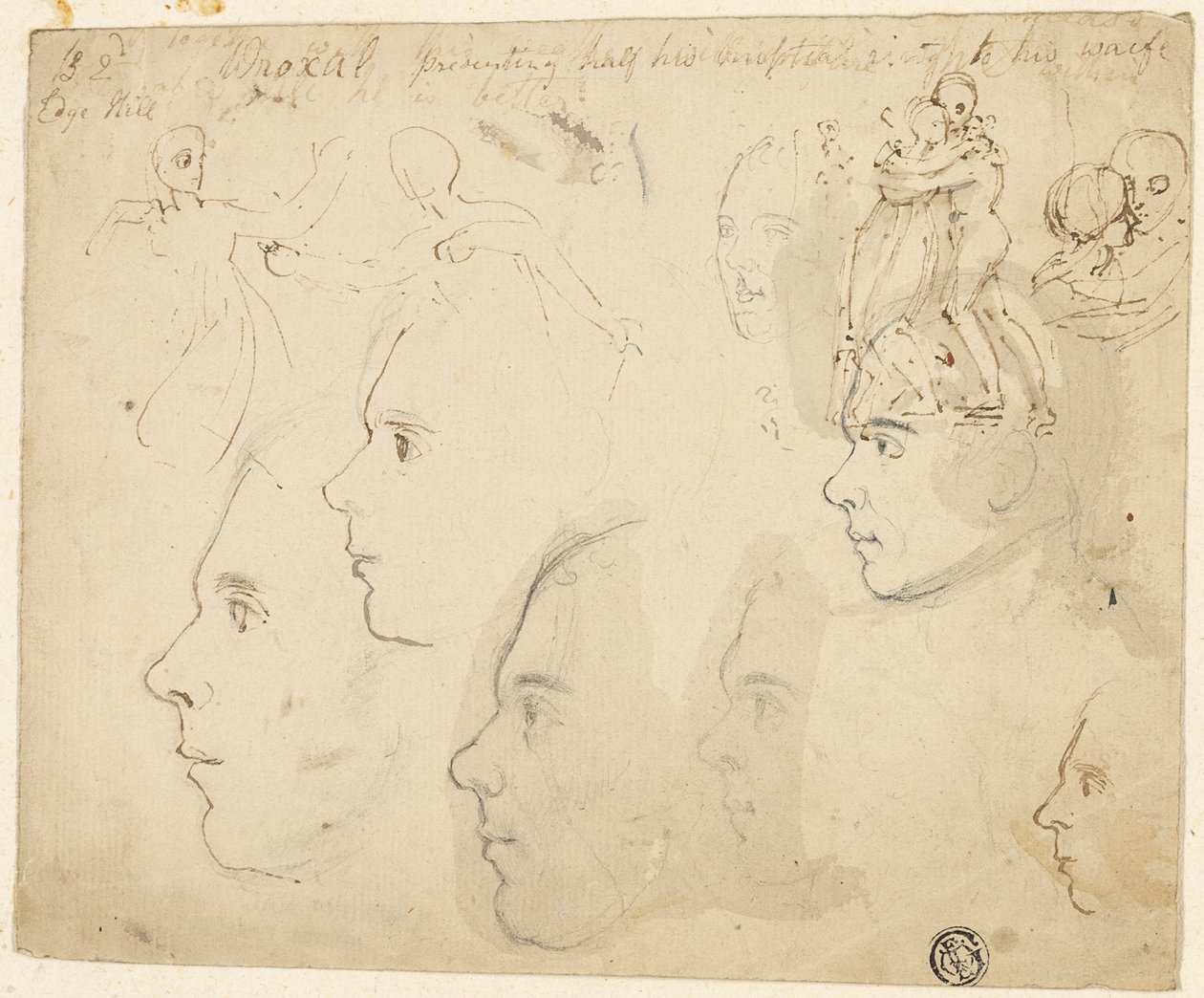 Schetsen van mannelijke profielen, omhelzend paar door Thomas Stothard