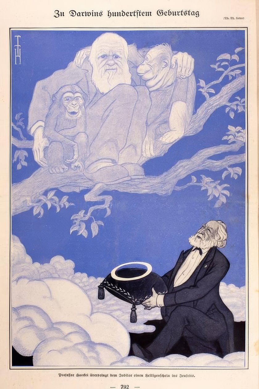 1909 Karikatuur Darwin, Apen, Haeckel door Thomas Theodor Heine