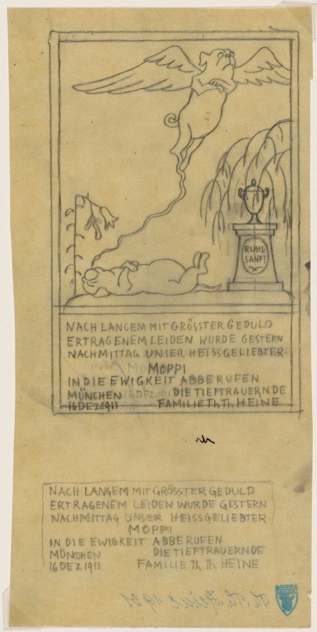 Overlijdensbericht voor een mopshond door Thomas Theodor Heine
