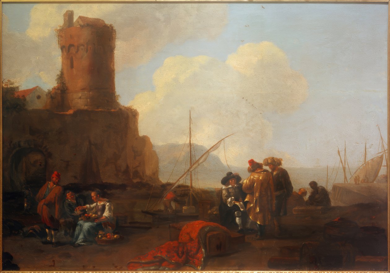 Zeehaven met torenruïne door Thomas Wijck