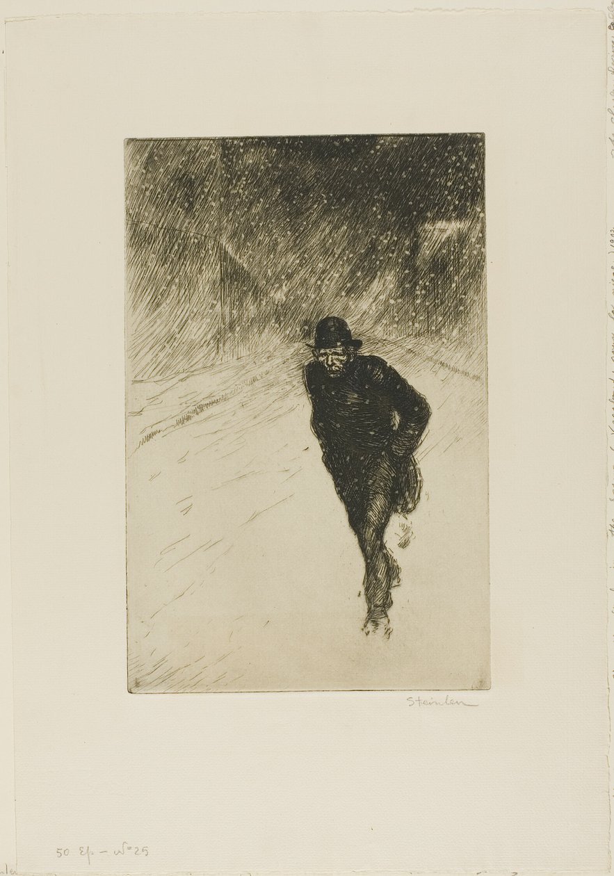 Vagebond in de sneeuw door Théophile Alexandre Pierre Steinlen