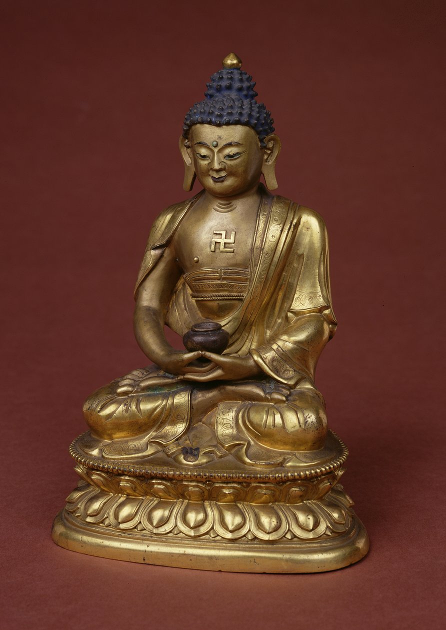 Boeddha Amitayus zittend in meditatie met de vaas van nectar (amrta) in zijn schoot door Tibetan School