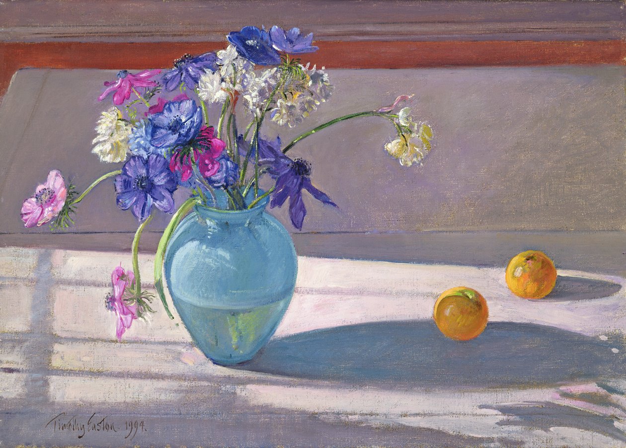 Anemonen en een blauwe glazen vaas, 1994 door Timothy Easton