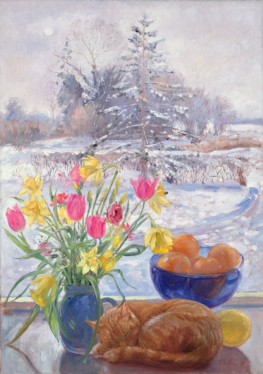 Gekrulde Kat met Bloemen door Timothy Easton