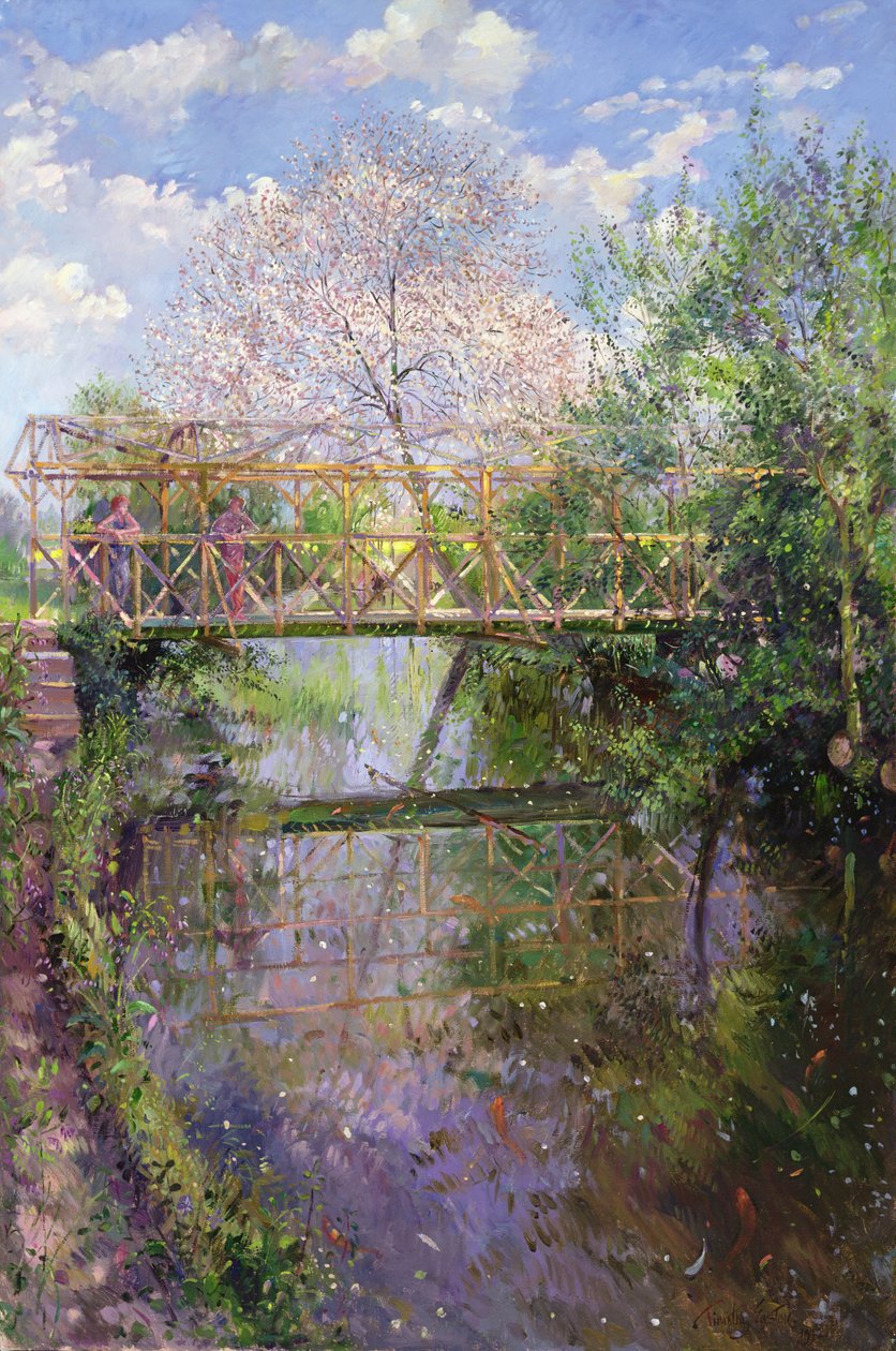 Bloeiende kers en trellisbrug door Timothy Easton