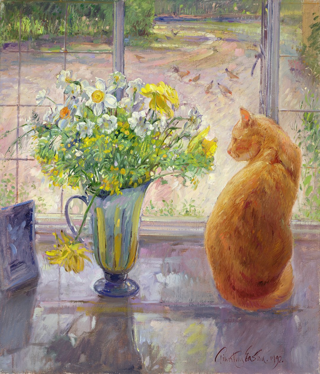 Gestreepte kan met lentebloemen, 1992 door Timothy Easton