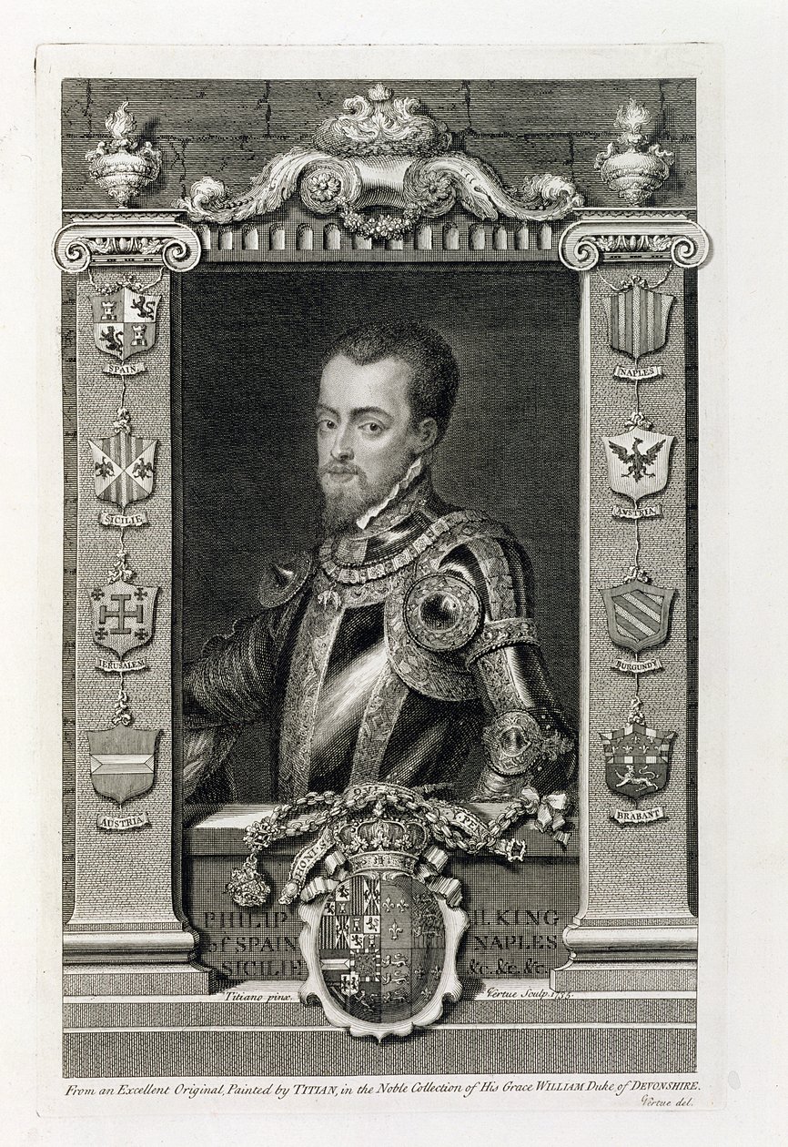 Filips II (1527-98) Koning van Spanje vanaf 1556, gegraveerd door George Vertue (1735) door Tiziano Vecelli