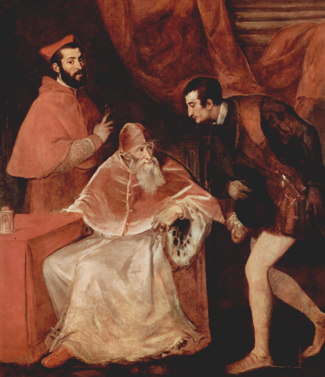 Portret van Paus Paulus III met kardinaal Alessandro Farnese en hertog Ottavio Farnese door Tiziano Vecelli