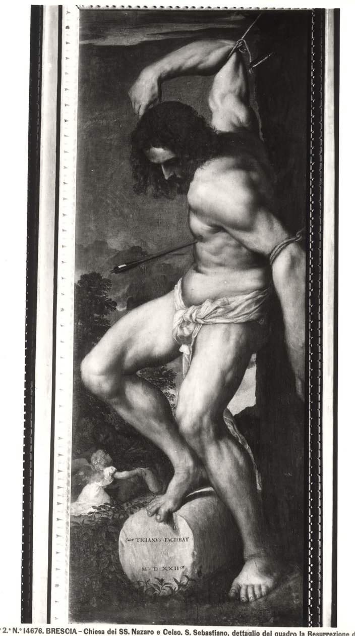 Averoldi Polyptiek, paneel met de Marteldood van St. Sebastian (detail), 1522 door Tiziano Vecelli