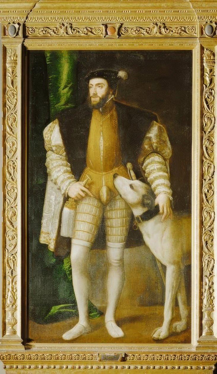 Karel V met Ulmer Dogge door Tiziano Vecelli