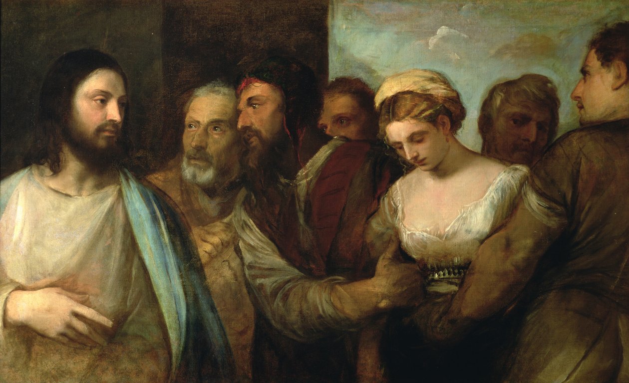 Christus en de overspelige vrouw, 1512-15 door Tiziano Vecelli