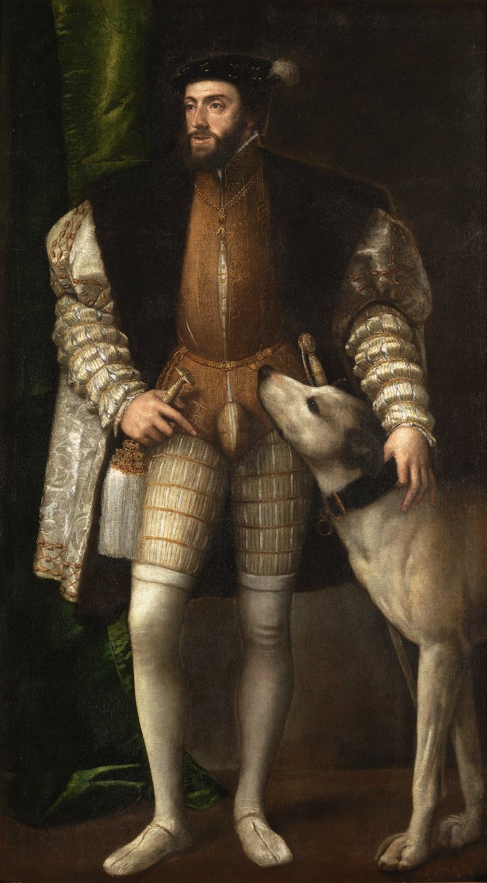 Keizer Karel V met een Hond door Tiziano Vecelli