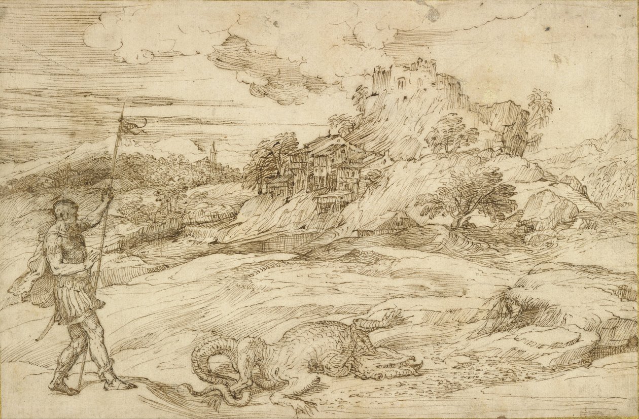 Landschap met St. Theodoor die de draak overwint door Tiziano Vecelli
