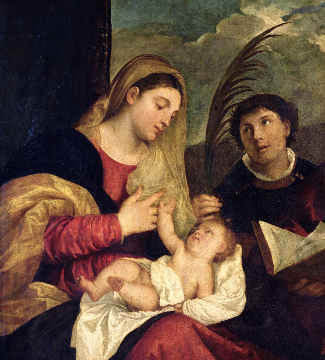 Madonna en Kind met de heiligen Stefanus, Hiëronymus en Maurits (detail) door Tiziano Vecelli