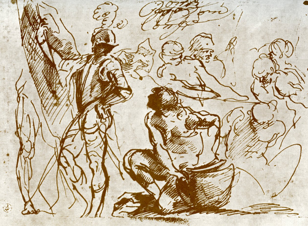 Een pagina met schetsen, door Titiaan door Tiziano Vecelli