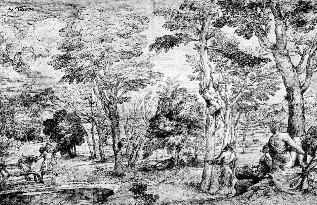 Landschap met saters door Tiziano Vecelli