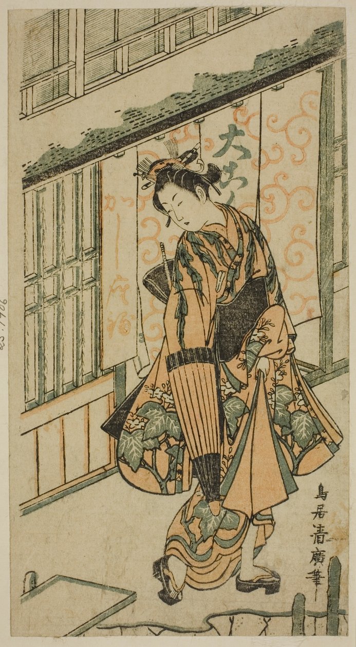 Jonge vrouw met een paraplu door Torii Kiyohiro