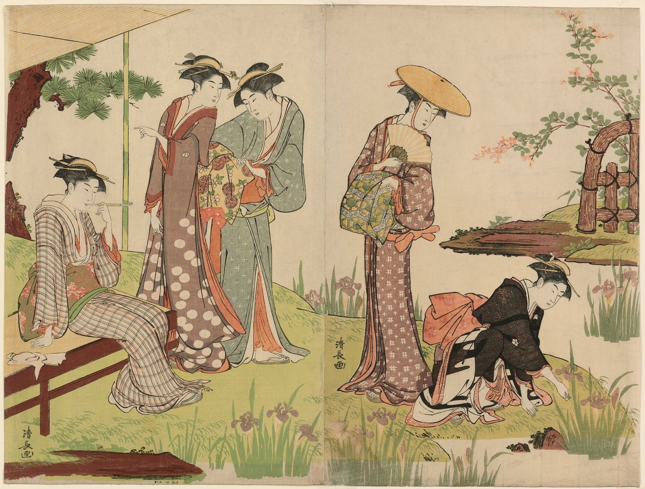 Bij een irissenvijver door Torii Kiyonaga