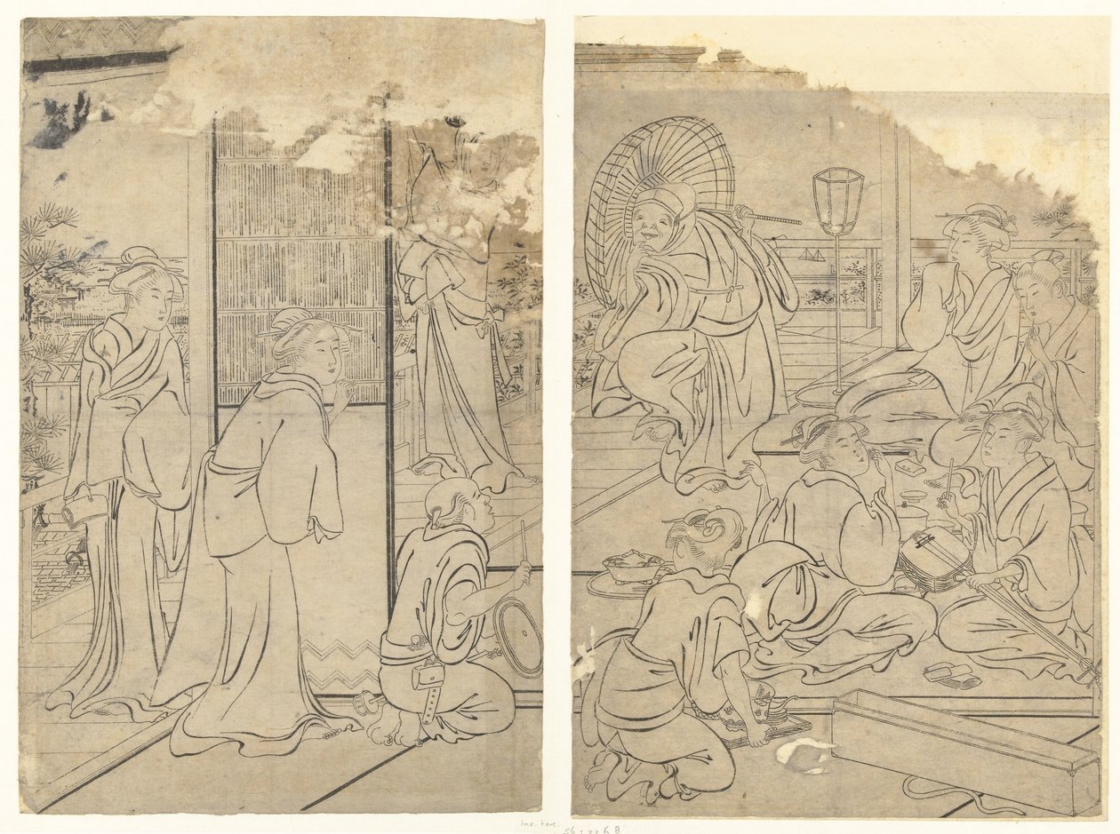 Feest in het Komeikan-theehuis door Torii Kiyonaga