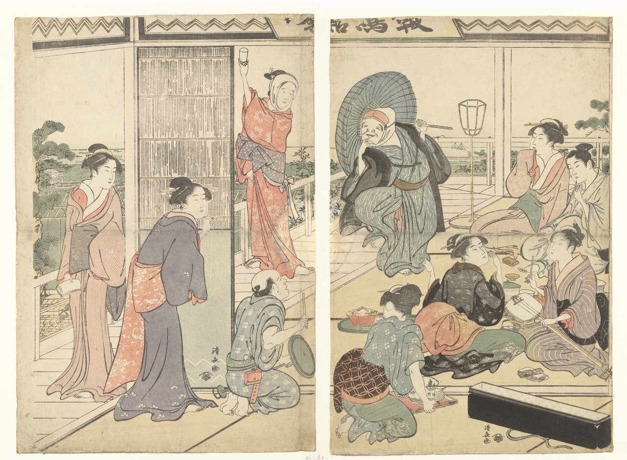Feest in het Komeikan theehuis door Torii Kiyonaga