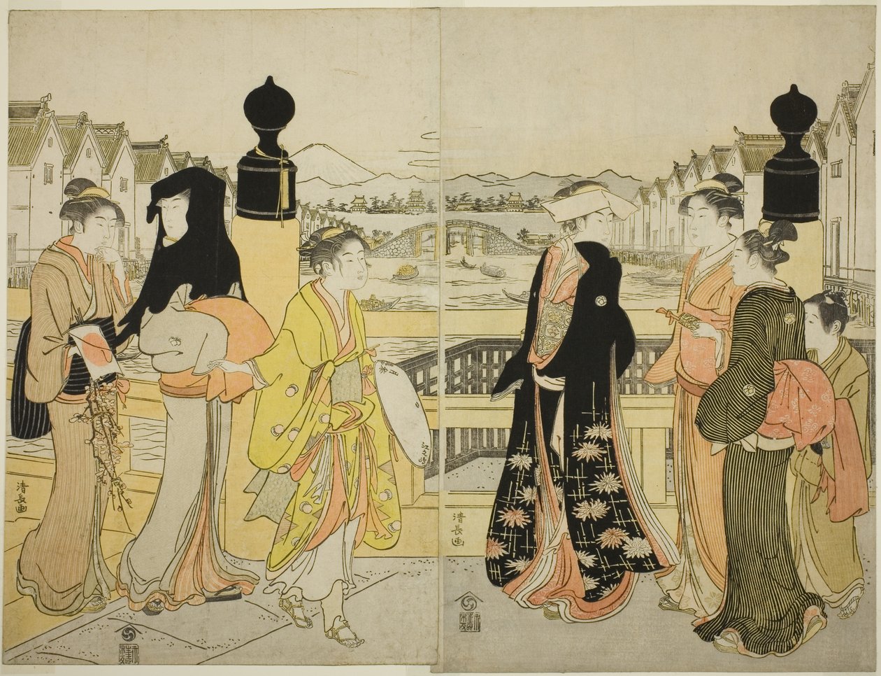 Vrouwen die de Nihonbashi-brug oversteken door Torii Kiyonaga