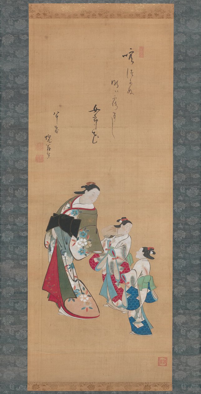 Courtisane en twee bedienden door Torii Kiyonobu I