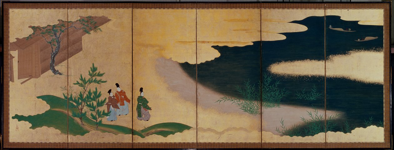 Zesdelig scherm met verhalen van Ise door Tosa Mitsuoki