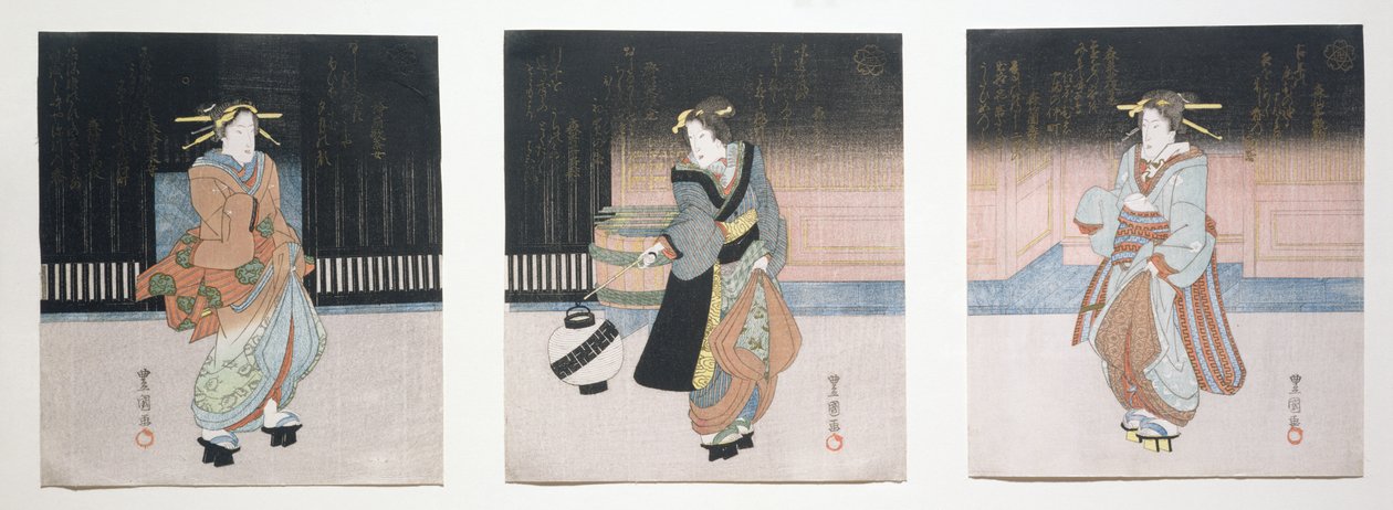 Geisha bij nacht drieluik, 1818-30 door Toyokuni II