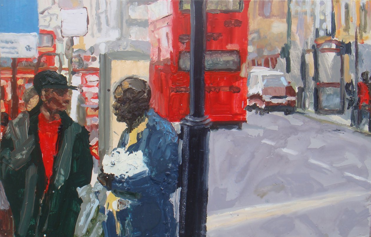 Straatgesprek, 2008 (olieverf op board) door Trevor Burgess