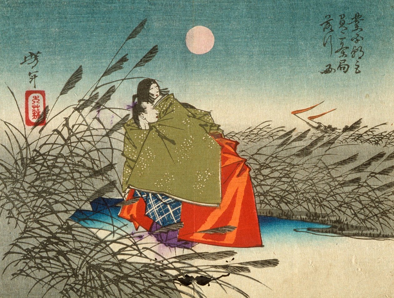 Narihira en Nijo no Tsubone bij de Fuji-rivier door Tsukioka Yoshitoshi