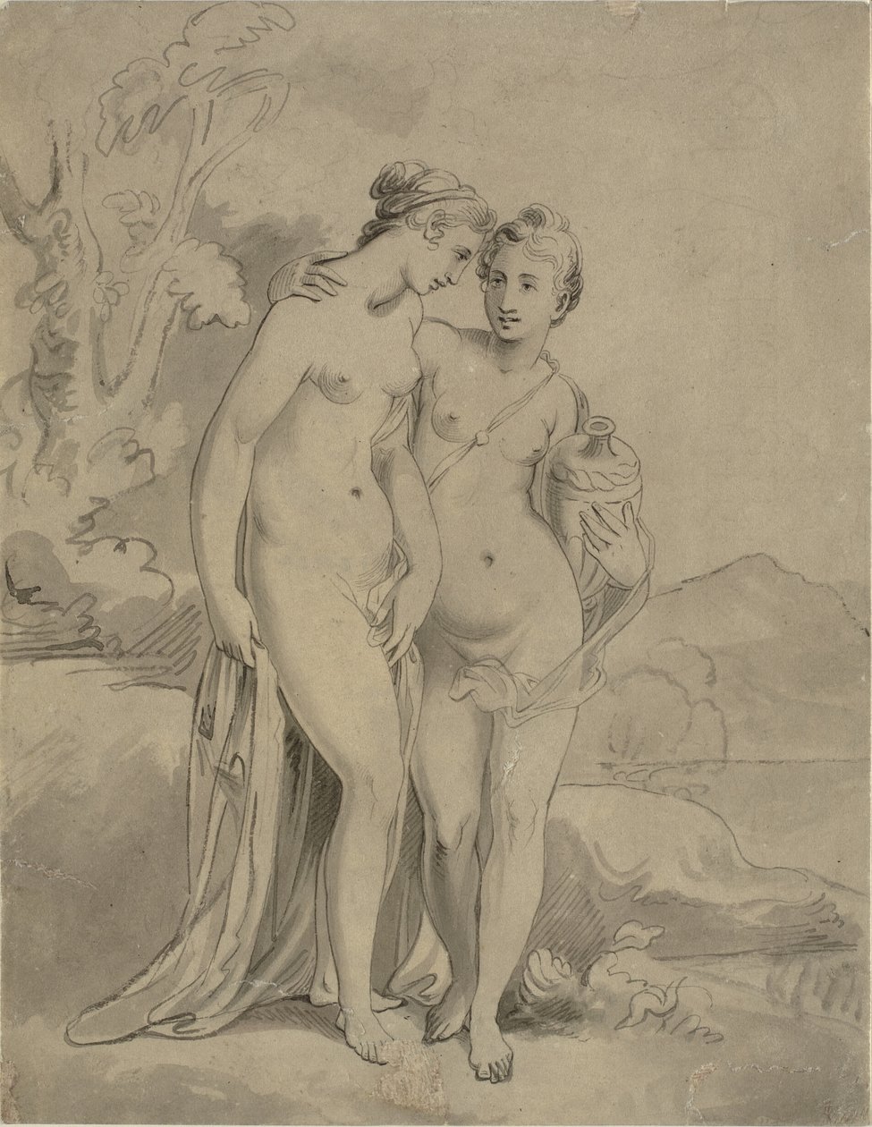 Twee nimfen in een landschap door Ubekendt engelsk kunstner 1820