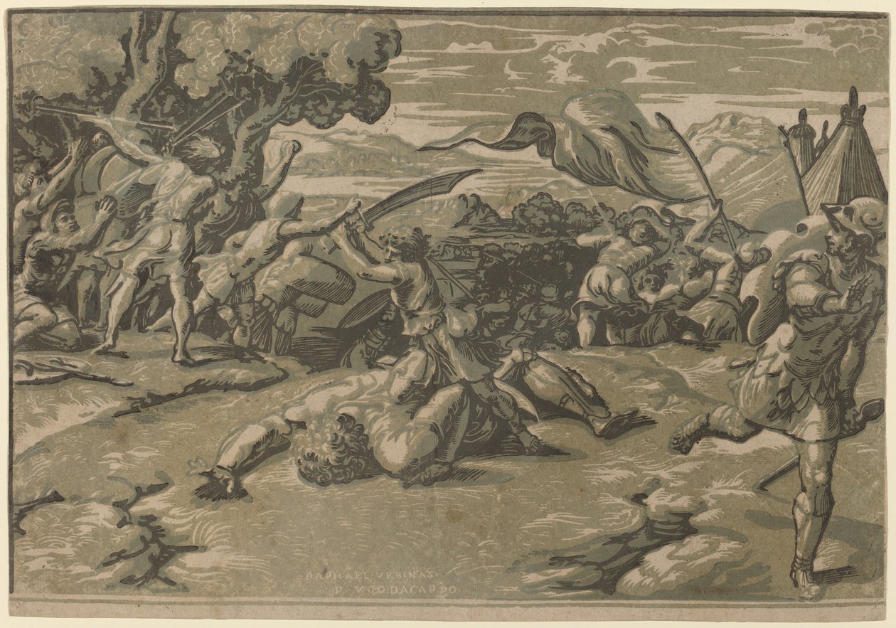 David doodt Goliath door Ugo da Carpi after Raphael