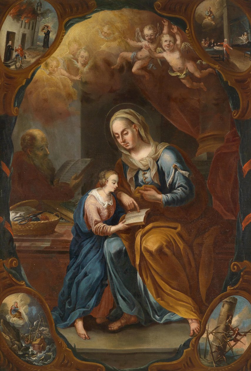 De heilige Anna, Maria het lezen lerend, in de zwikken voorstellingen van wonderen door Unbekannt Unbekannt