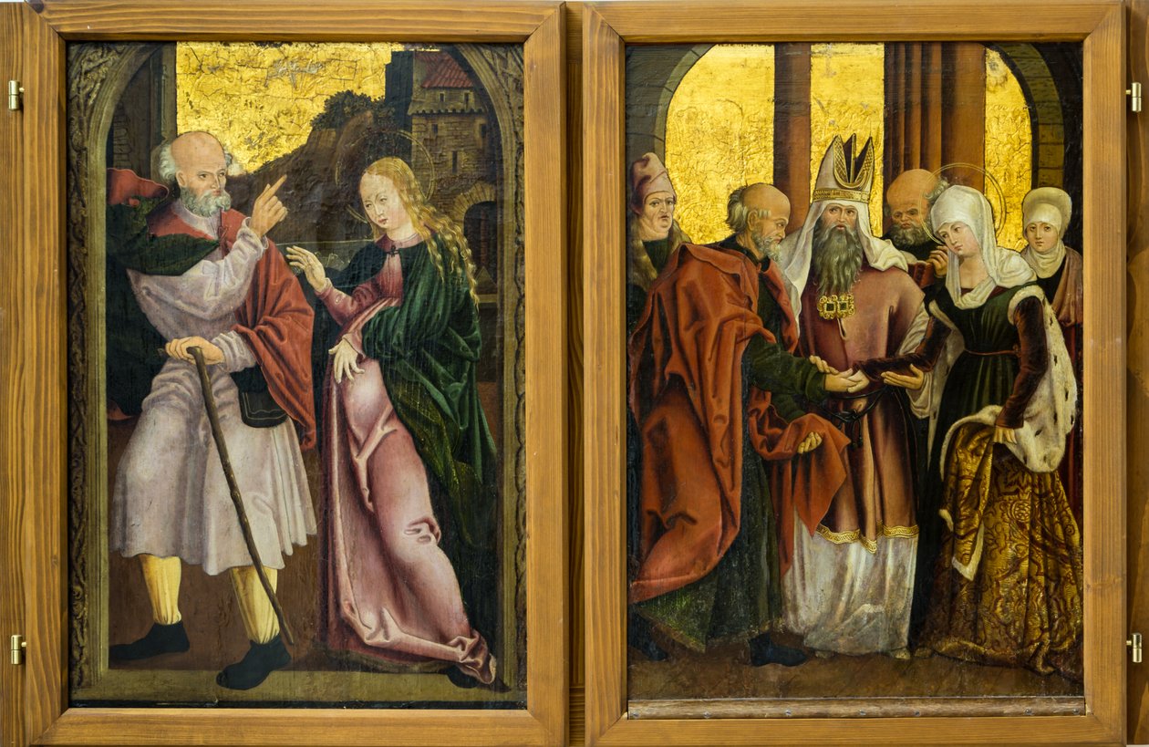 Maria en Jozef op zoek naar onderdak (links), Huwelijk van de Maagd (rechts) door Unbekannt Unbekannt