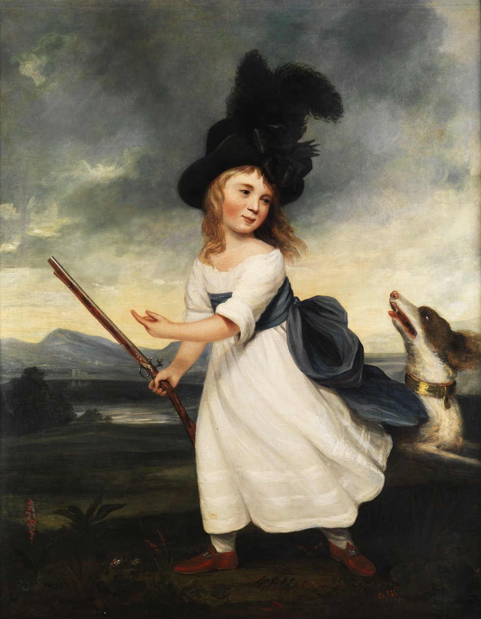 Portret van een meisje in witte jurk, met zwarte hoed, geweer en jachthond door Unbekannt Unbekannt