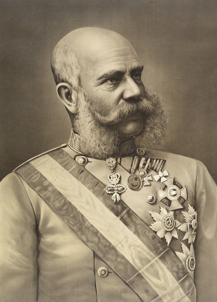 Portretlithografie keizer Franz Joseph I in uniform met ordetekens door Unbekannt Unbekannt