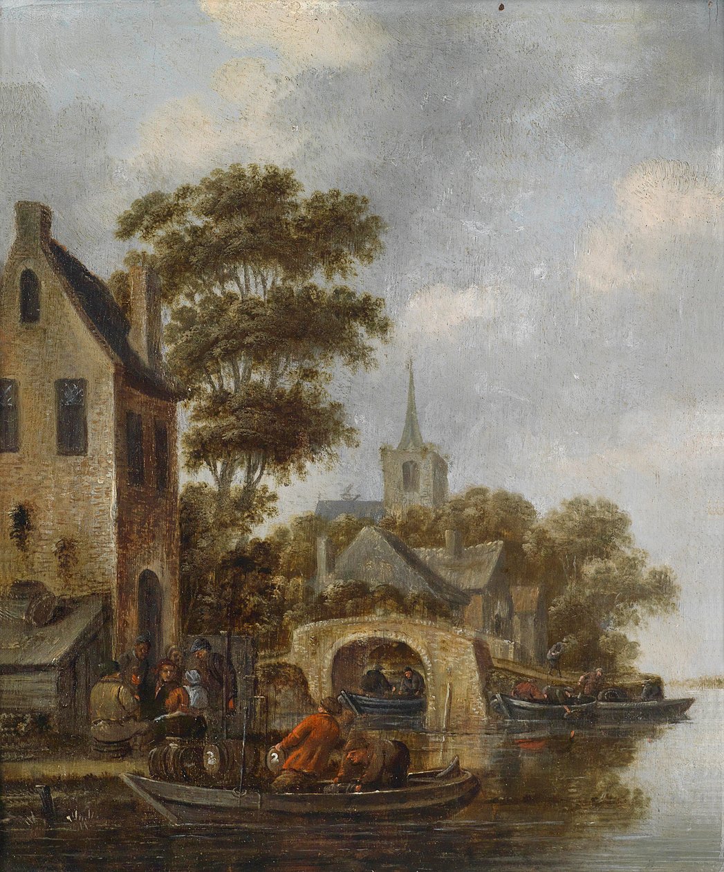 Rivierlandschap met een veerboot door Unbekannt Unbekannt